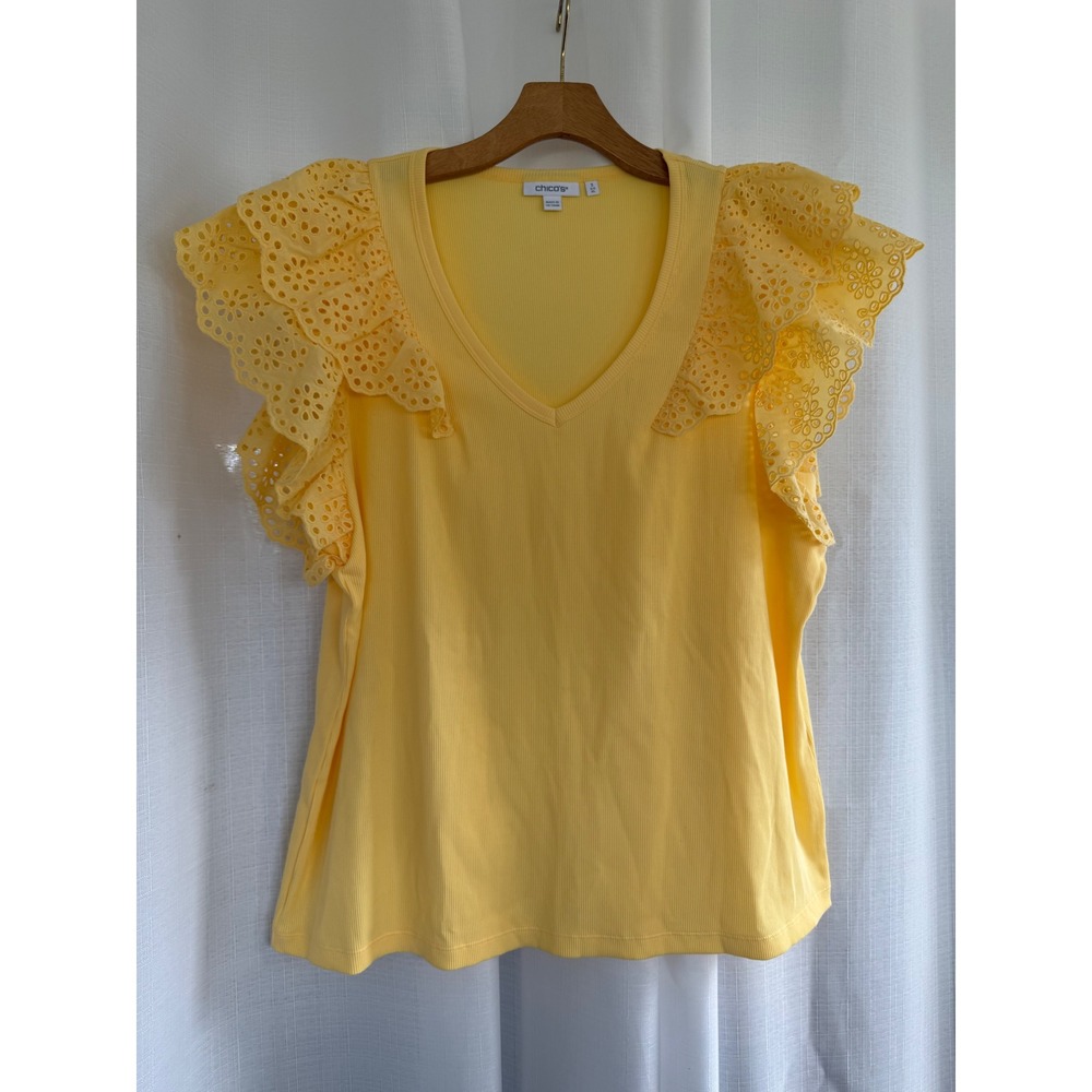 Chicos Eyelet Ruffle Sleeve Blouse Women's XL Yellow Summer Vacation Resortwear